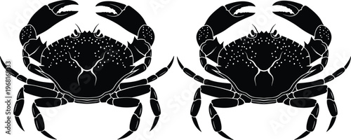 Black silhouette vector illustration of two crabs with large claws isolated on white background for seafood restaurant menu design and marine life projects.