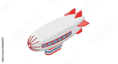 Cartoon illustration of a stylized airship with a white body, red accents, and blue windows