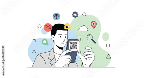 A modern man scans a QR code on his smartphone surrounded by technology icons in a colorful illustration.