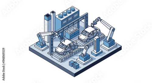 Isometric illustration of a car factory with robotic arms assembling vehicles on a conveyor belt