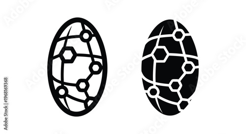 Set of two oval icons representing a global network or digital connection, featuring interconnected nodes and lines in a stylized globe shape