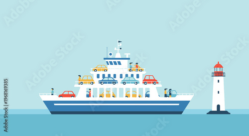 Illustration of a ferry loaded with cars and passengers near a lighthouse on the sea