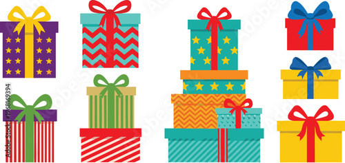 Colorful Gift Boxes Set with Ribbons and Bows, Festive Present Illustration Collection