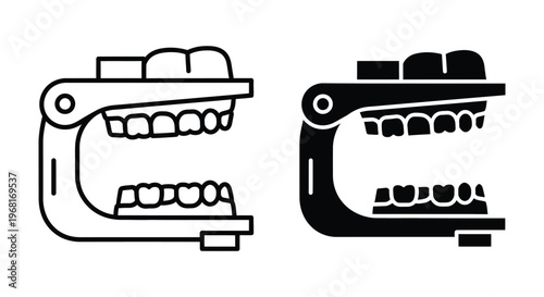 Dental articulator with teeth models, line and solid icons