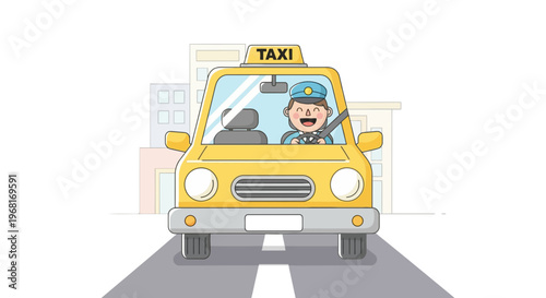 Yellow taxi cartoon with driver, "TAXI" sign, cityscape background, on gray road