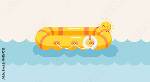 A yellow inflatable raft floats on water, with a smiling sun and a life preserver