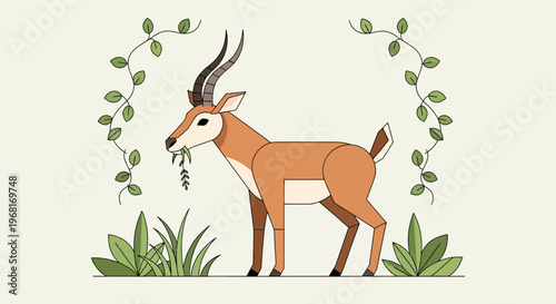 Geometric drawing of an antelope eating foliage, with vines, grass, and a simple color palette