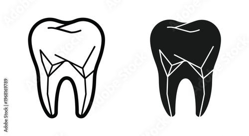 Set of two icons of a human tooth with fissures, linear and solid style, dental health and dentistry concept