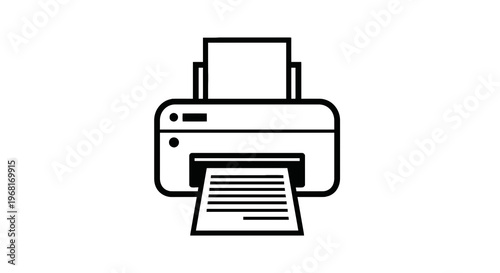 A vector illustration depicts a printer, spitting out a document. Outline style