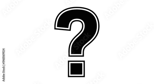 A bold, black question mark with a white outline on a pure white background