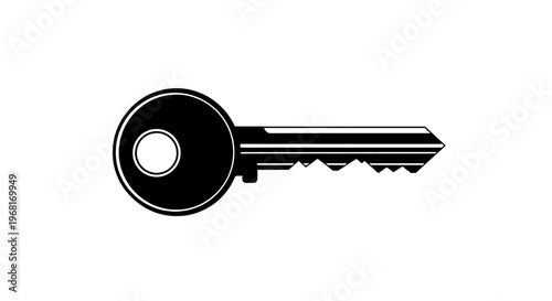 A black and white stylized illustration of a key, laid horizontally against a white background