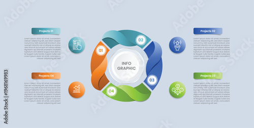 Cycle and circular base infographic with glossy gradient style with piechart concept with swirl smooth curve on quadrant structure with four segment information