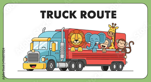 A cartoon truck labeled "Truck Route" is hauling smiling animals