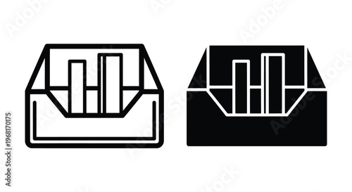 Set of two icons representing a document folder or inbox with a bar chart inside, outline and solid style