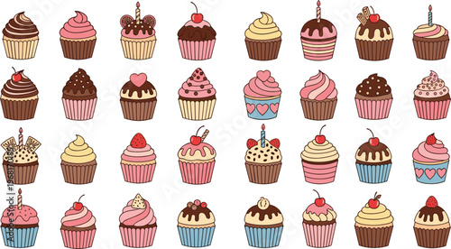 Cupcake Collection with Different Flavors Toppings and Decorations Sweet Dessert Bakery Set Colorful Cartoon Illustration Isolated on White Background