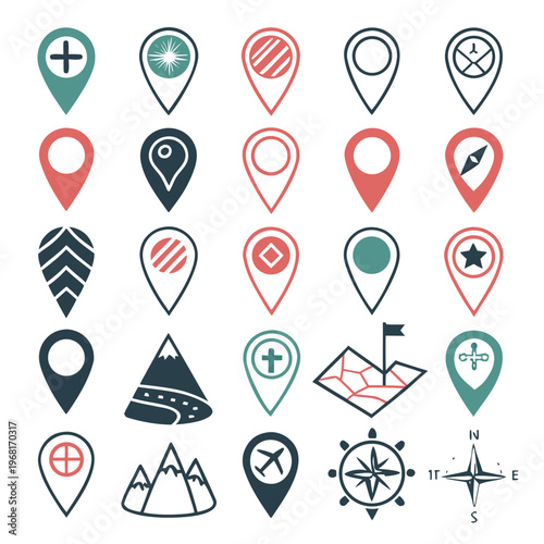 Vector set of map location pins and landscape icons including mountains airplane symbol and compass rose for topographical and travel application.