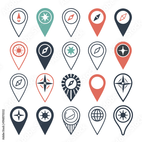 Comprehensive collection of map marker pointers featuring diverse compass symbols and geometric shapes for digital navigation and interface design.