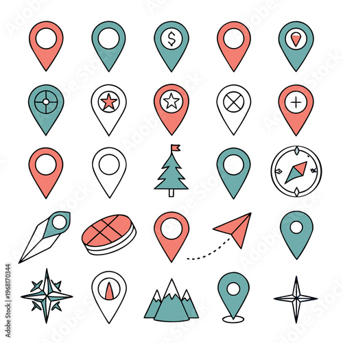 Collection of travel and navigation icons including gps map pins compasses wind roses airplanes and mountains on white background.
