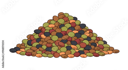 A captivating illustration depicting a diverse, colorful pyramidal heap of dried legumes, including various lentils and small beans. It sits on a