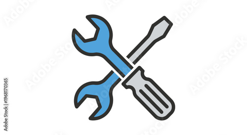 Vector illustration of a blue wrench and gray screwdriver crossed on a white background