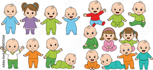 Cute Baby Characters Set with Different Poses and Emotions, Cartoon Toddler Collection