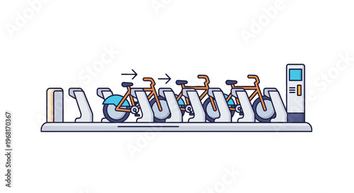 Illustration depicts a bicycle station with bikes in racks, arrows, and a kiosk