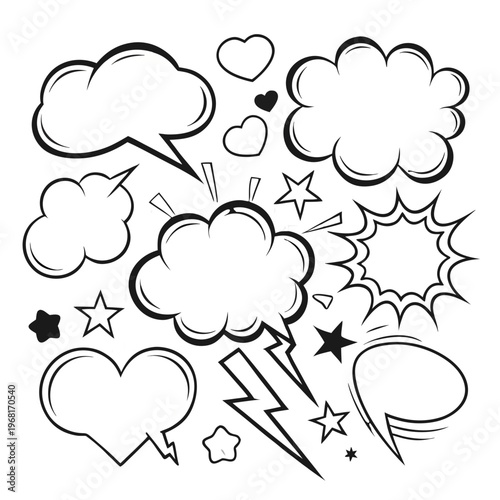 Hand drawn comic speech bubbles and lightning shapes with hearts and stars on transparent background for storytelling and creative graphic projects.