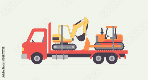 Illustration of a red flatbed truck transporting a yellow excavator and an orange bulldozer