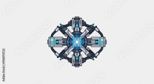 Futuristic, symmetrical, technological construct with glowing core and mechanical arms