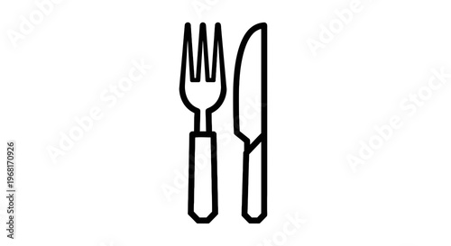 Simple black outline drawing of a fork and knife, representing dining tools