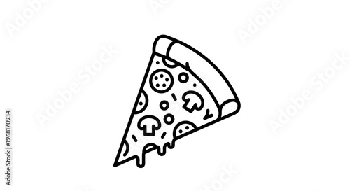 Line drawing of a pizza slice with toppings, dripping cheese, on a white background