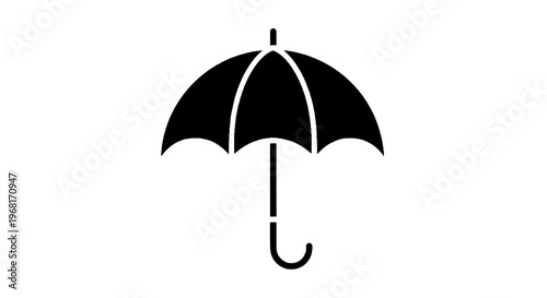 A black and white graphic of an umbrella, open, with a curved handle