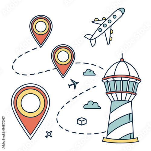 Air traffic control tower concept for airplane travel routes and gps map pins connecting destinations on white background.