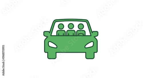 A green car icon with three passengers inside, centered on a white background