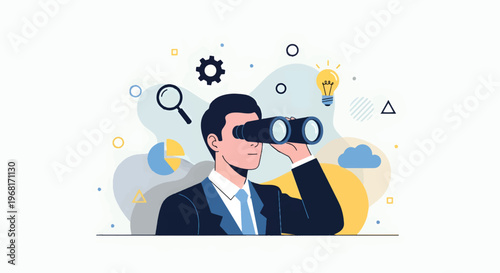A businessman in a suit is looking through binoculars with various icons floating around him in a modern flat vector illustration.