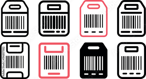 Set of barcodes on product packaging icons with different outline styles