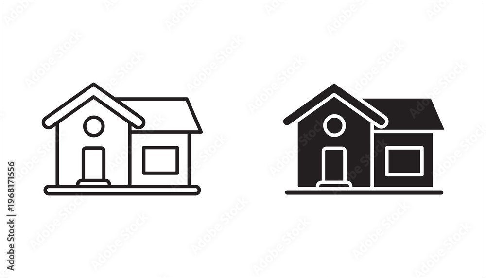 Fototapeta premium A collection of homepage icons for websites and apps. Simple house symbols. Flat real estate signs. Homepage pictograms in filled, thin line, outline, and border styles. Isolated illustrations.