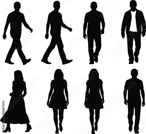 Silhouettes of men and women walking in various poses and clothing styles highlighting human gait, posture, and expressive body movement