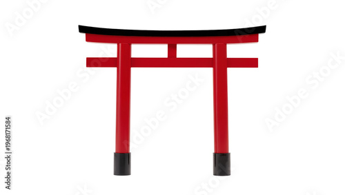 Photos Vibrant vermillion Japanese torii gate with black bases and curved top beams, is