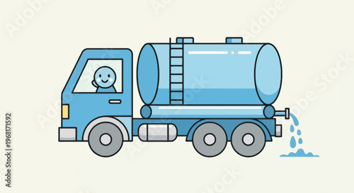Blue tanker truck with smiling driver, water leaking from nozzle