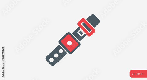 An oblique-angled gray and red seatbelt icon. Safety buckle design with a white background