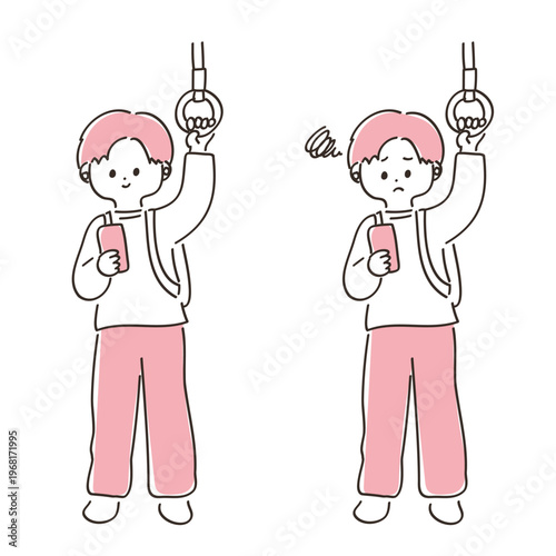 電車でスマートフォンを見る若い男性｜笑顔と不満の表情セット