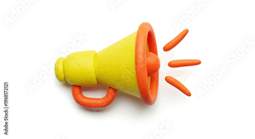 A cartoon-style megaphone, yellow and orange, emitting sound waves, on a white backdrop