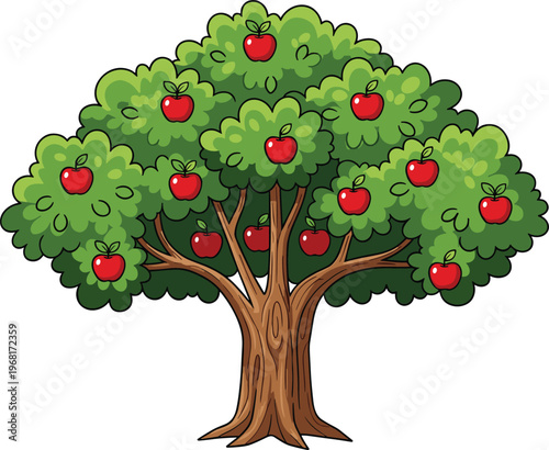 Flat vector illustration of a large apple tree with green leaves and ripe red fruits on brown branches isolated on a white background.