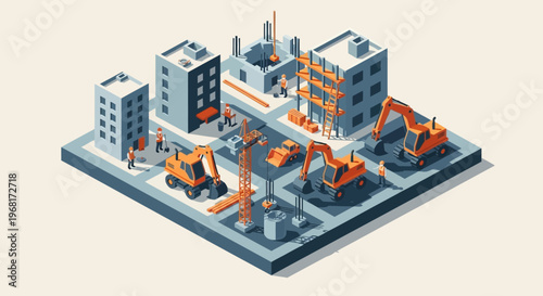 Isometric illustration of a bustling city construction site with buildings, cranes, excavators, and workers.