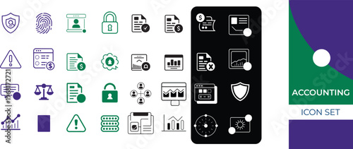 Comprehensive accounting and financial auditing icon set for corporate reports tax forms and professional business documentation