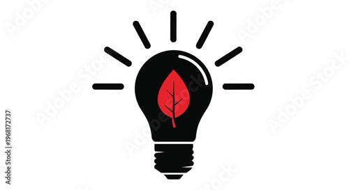 Eco friendly light bulb icon with a red leaf inside, symbol of sustainable energy and green technology