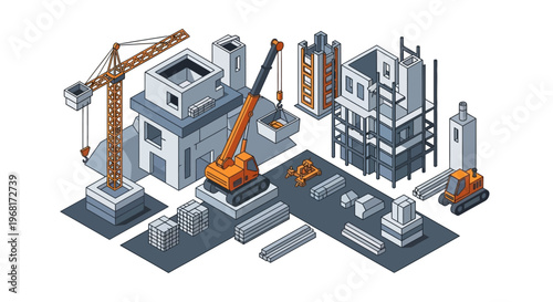 Isometric pixel art illustration of a construction site with buildings, cranes, and materials in progress.