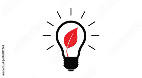 Eco friendly light bulb with a red leaf inside, symbol of sustainable energy and green technology