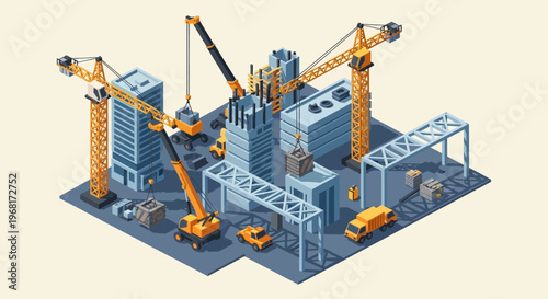 Isometric illustration of a bustling urban construction site with multiple cranes, buildings under development, and various construction vehicles.
